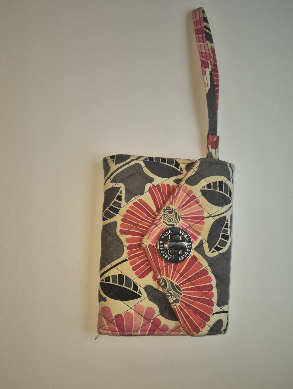 Vera Bradley Turn Lock Quilted Floral Wristlet in Pink, Cream & Gray